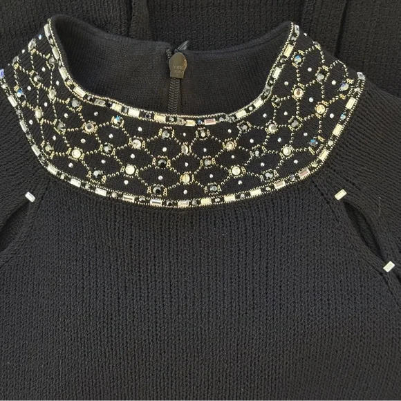 St. John Evening Black Knit Dress with Jewel Embellished Neckline & Cuffs - Picture 5 of 12